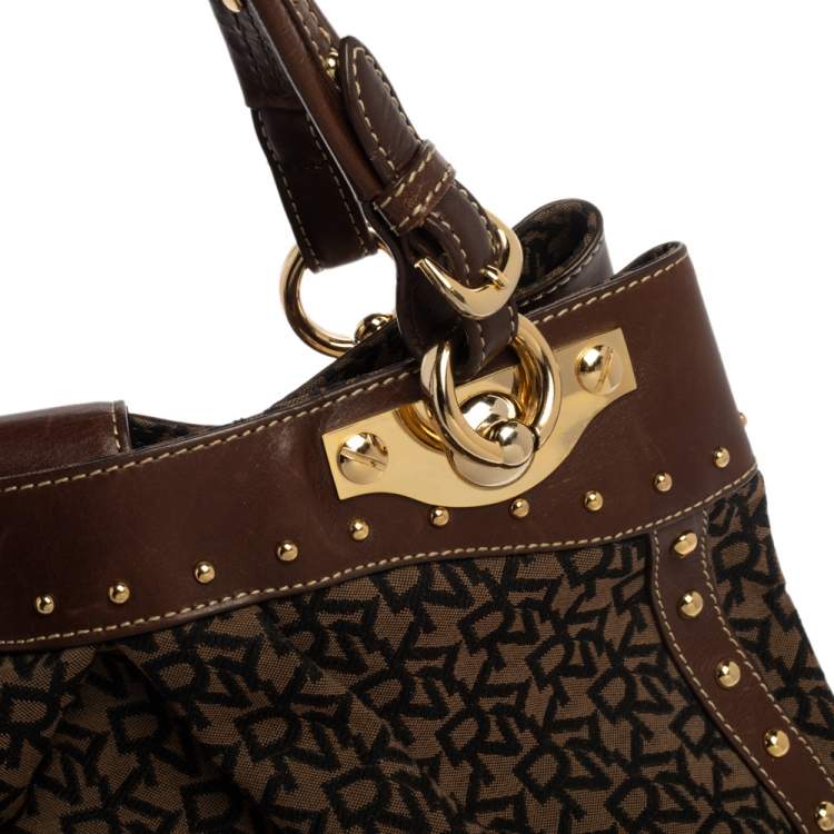 Pre Owned Dkny Brown/Black Signature Canvas and Leather Studded Satchel