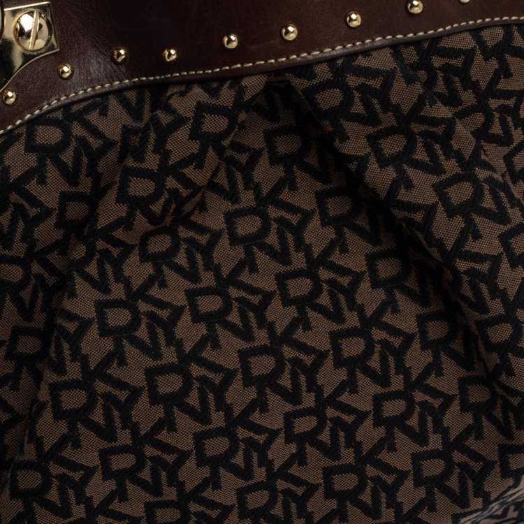 Pre Owned Dkny Brown/Black Signature Canvas and Leather Studded Satchel