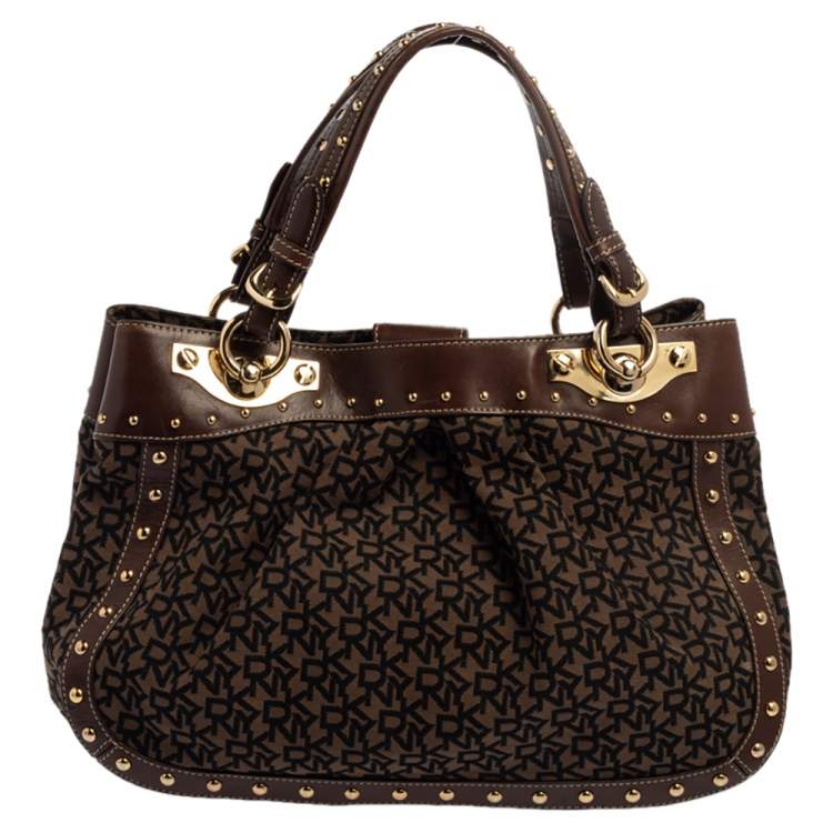 Pre Owned Dkny Brown/Black Signature Canvas and Leather Studded Satchel