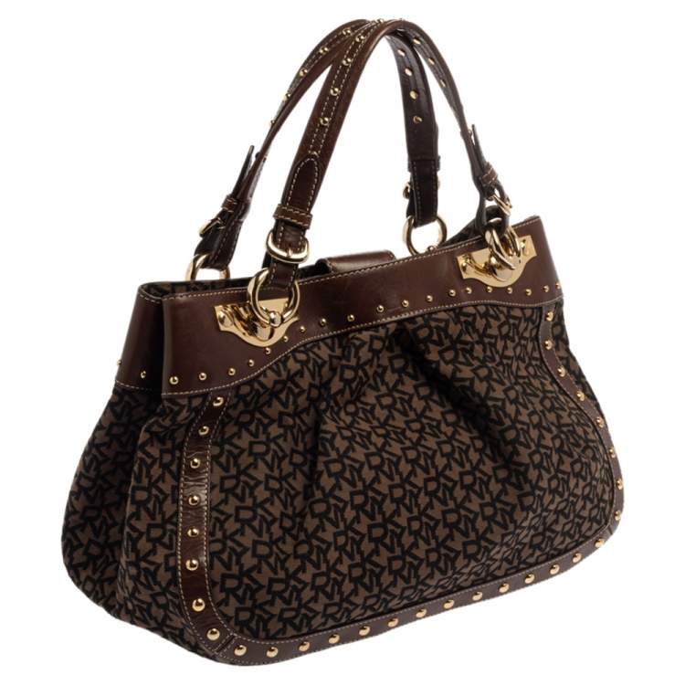 Pre Owned Dkny Brown/Black Signature Canvas and Leather Studded Satchel