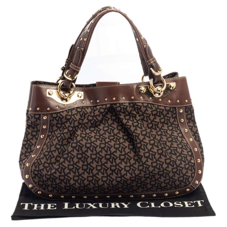Pre Owned Dkny Brown/Black Signature Canvas and Leather Studded Satchel
