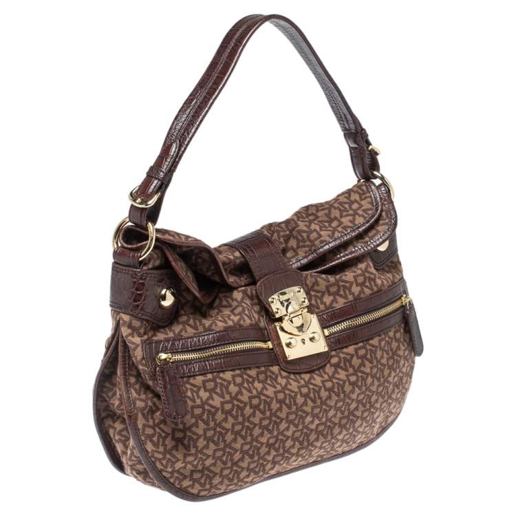 Pre Owned Dkny Brown Signature Canvas and Leather Hobo 
