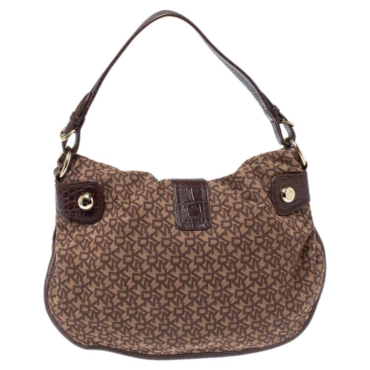 Pre Owned Dkny Brown Signature Canvas and Leather Hobo 