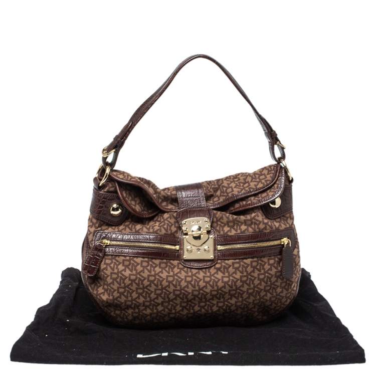 Pre Owned Dkny Brown Signature Canvas and Leather Hobo 