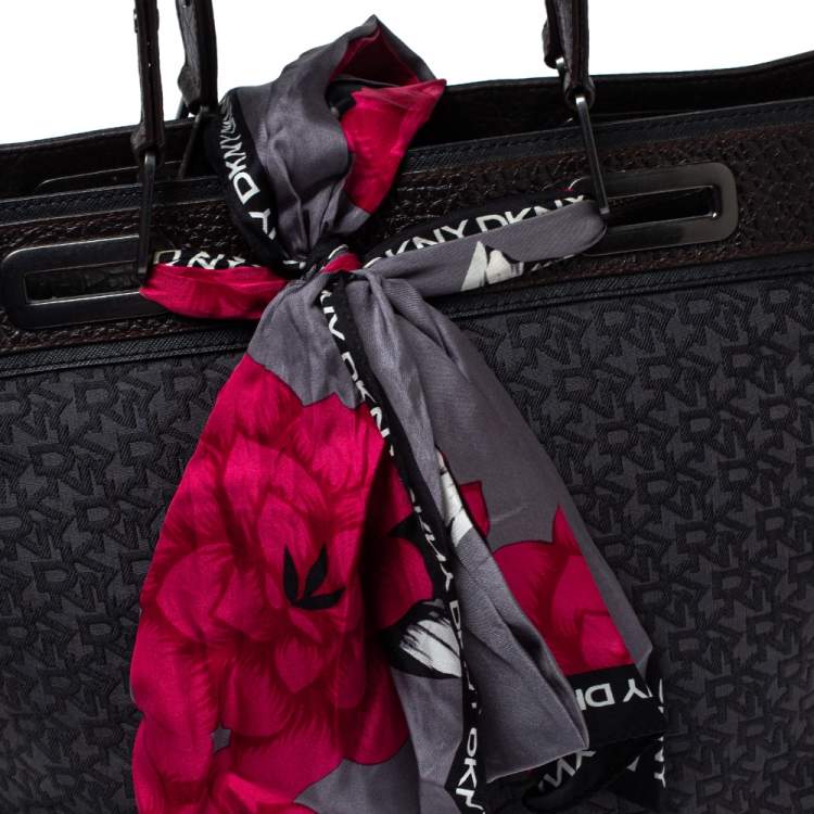 Pre Owned DKNY Grey/Brown Monogram Fabric and Leather Scarf Tote 