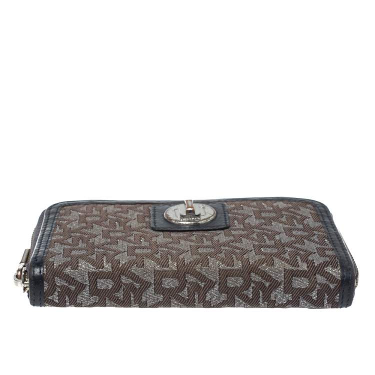 Pre Owned Dkny Brown/Black Monogram Canvas and Leather Zip Around Wallet
