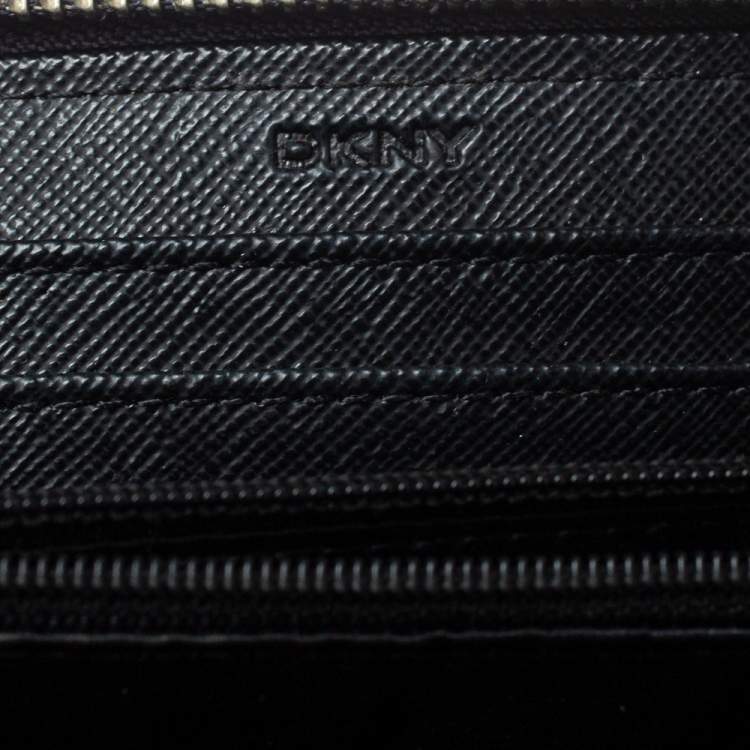 Pre Owned Dkny Brown/Black Monogram Canvas and Leather Zip Around Wallet