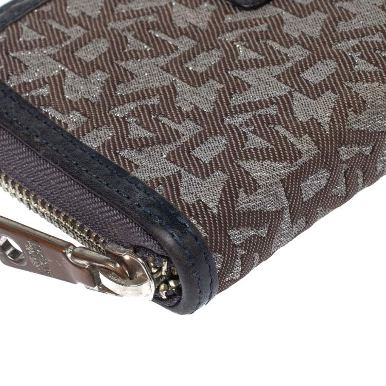 Pre Owned Dkny Brown/Black Monogram Canvas and Leather Zip Around Wallet