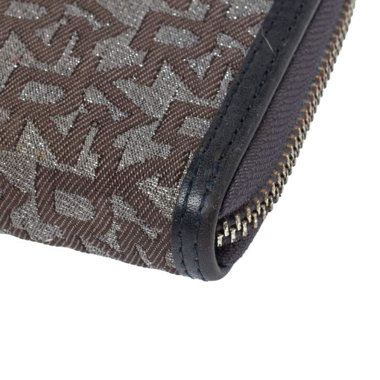 Pre Owned Dkny Brown/Black Monogram Canvas and Leather Zip Around Wallet