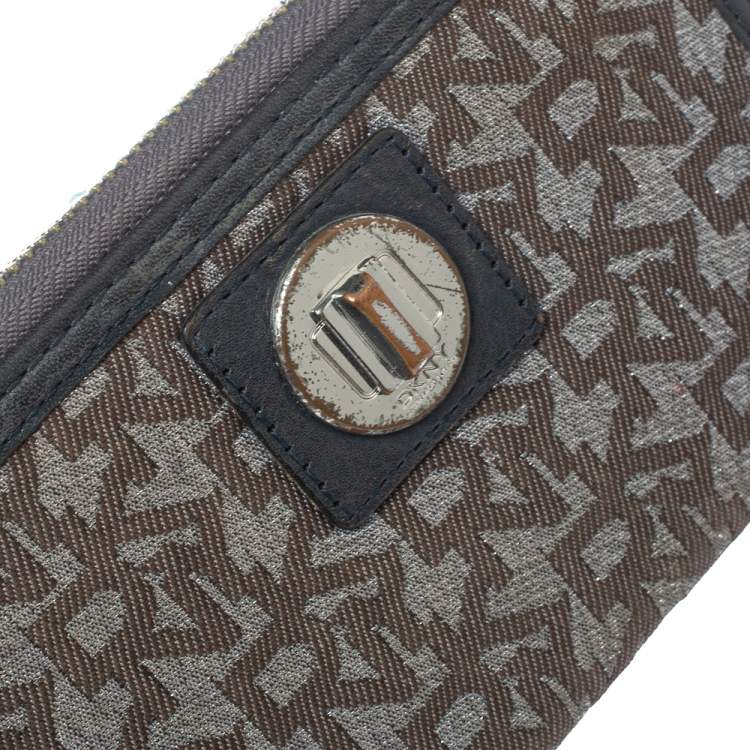 Pre Owned Dkny Brown/Black Monogram Canvas and Leather Zip Around Wallet