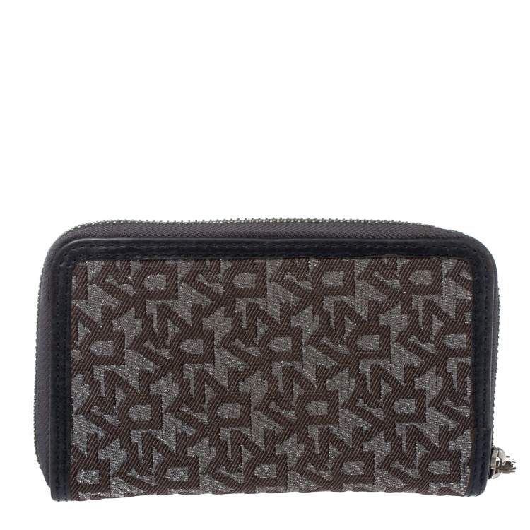 Pre Owned Dkny Brown/Black Monogram Canvas and Leather Zip Around Wallet