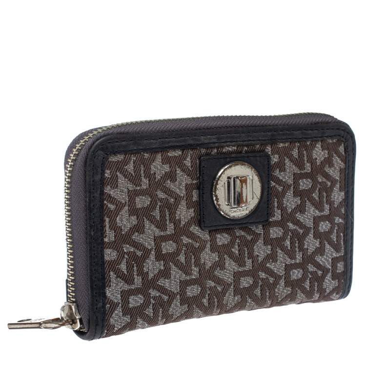 Pre Owned Dkny Brown/Black Monogram Canvas and Leather Zip Around Wallet