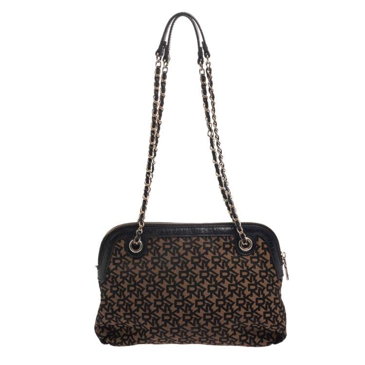 Pre Owned DKNY Black/Brown Signature Canvas and Leather Chain Shoulder Bag