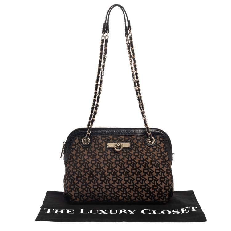 Pre Owned DKNY Black/Brown Signature Canvas and Leather Chain Shoulder Bag