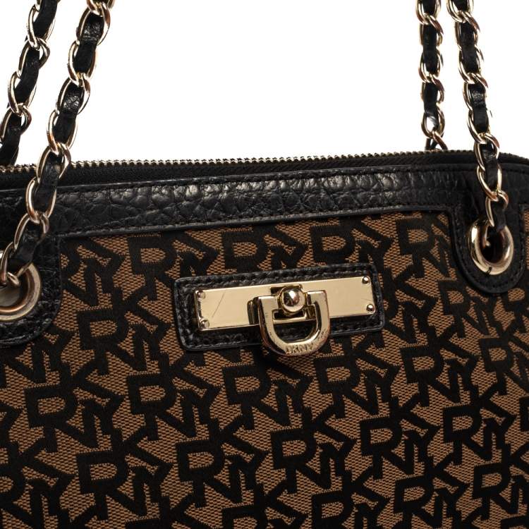 Pre Owned DKNY Black/Brown Signature Canvas and Leather Chain Shoulder Bag