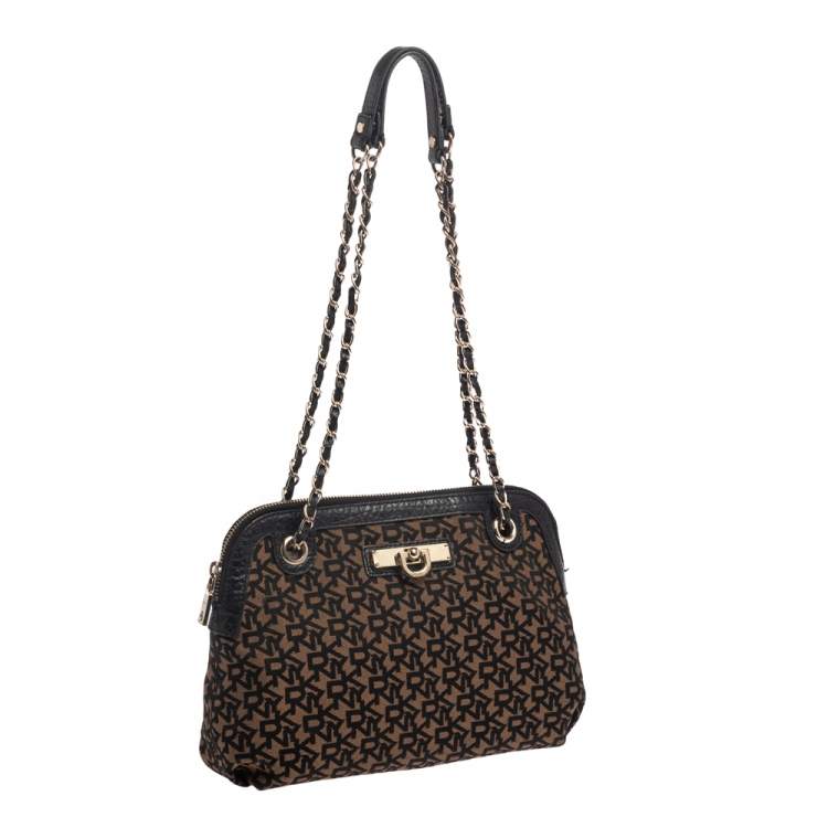 Pre Owned DKNY Black/Brown Signature Canvas and Leather Chain Shoulder Bag