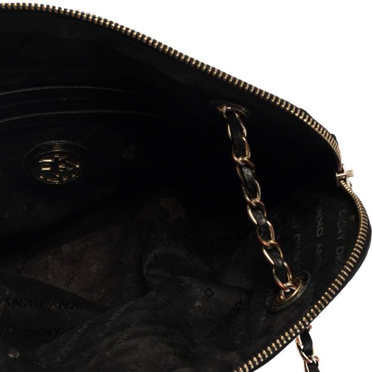 Pre Owned DKNY Black/Brown Signature Canvas and Leather Chain Shoulder Bag