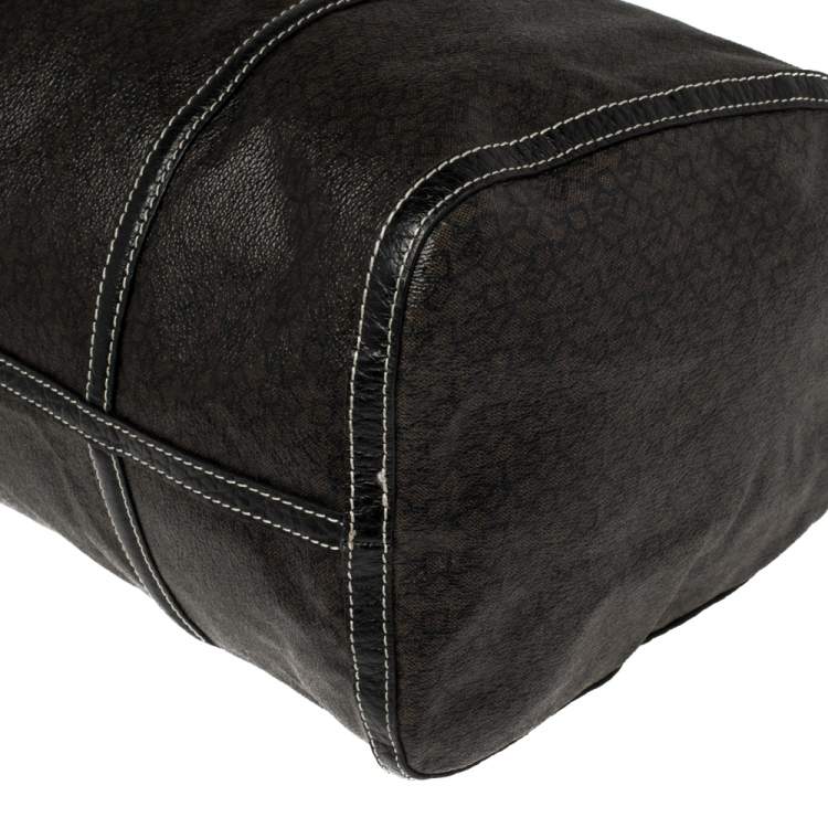 Pre Owned DKNY Black/Dark Brown Signature Coated Canvas and Leather Duffle Bag