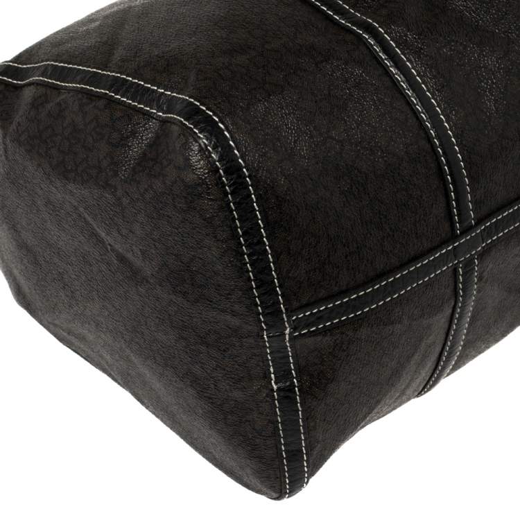 Pre Owned DKNY Black/Dark Brown Signature Coated Canvas and Leather Duffle Bag