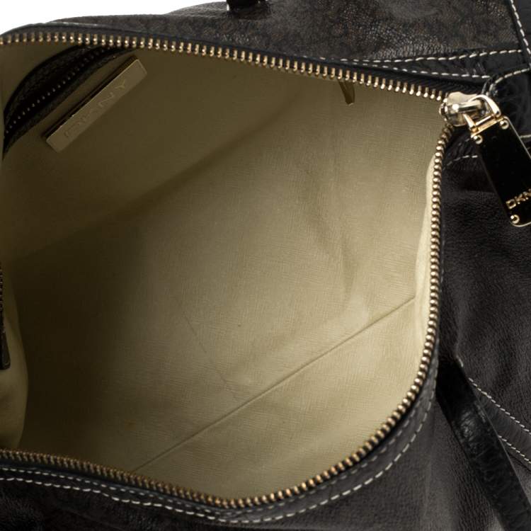 Pre Owned DKNY Black/Dark Brown Signature Coated Canvas and Leather Duffle Bag