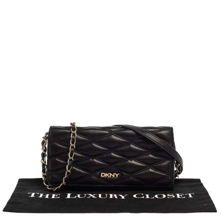 Pre Owned DKNY Black Quilted Leather Flap Wallet On Chain
