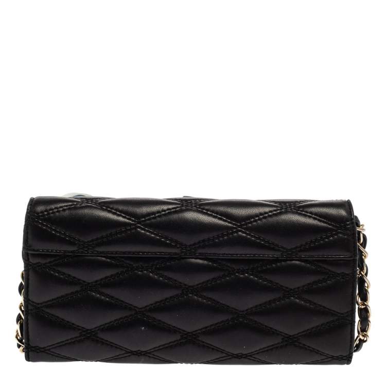 Pre Owned DKNY Black Quilted Leather Flap Wallet On Chain