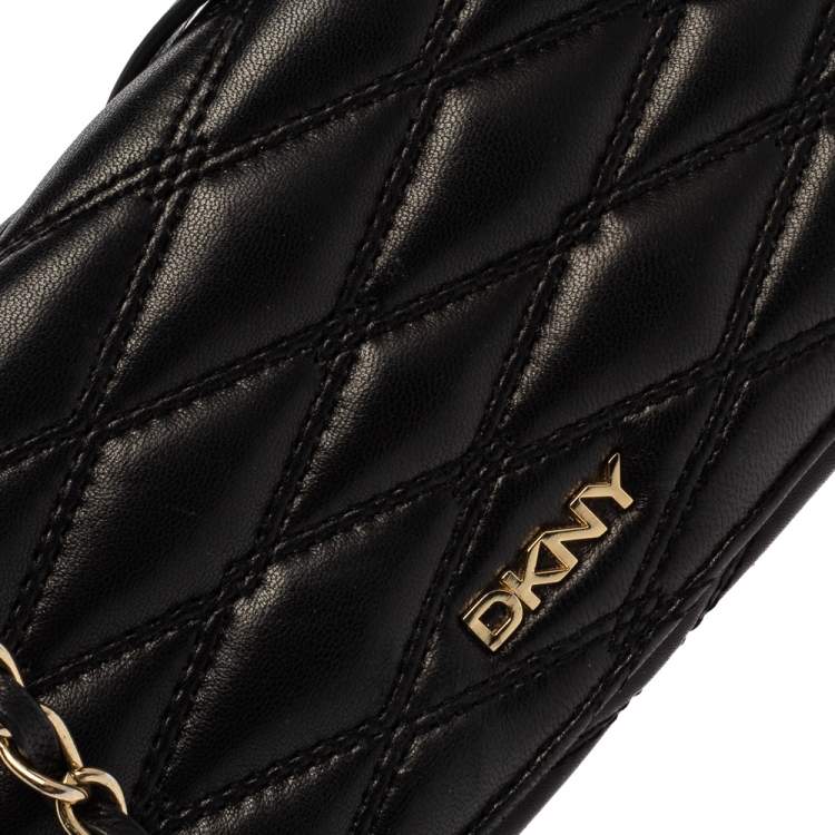 Pre Owned DKNY Black Quilted Leather Flap Wallet On Chain