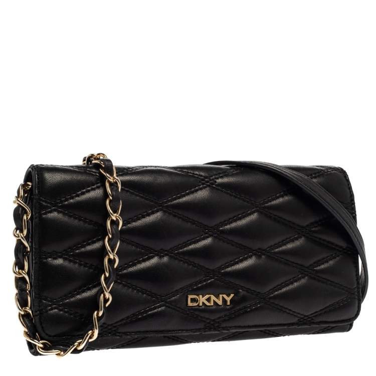 Pre Owned DKNY Black Quilted Leather Flap Wallet On Chain