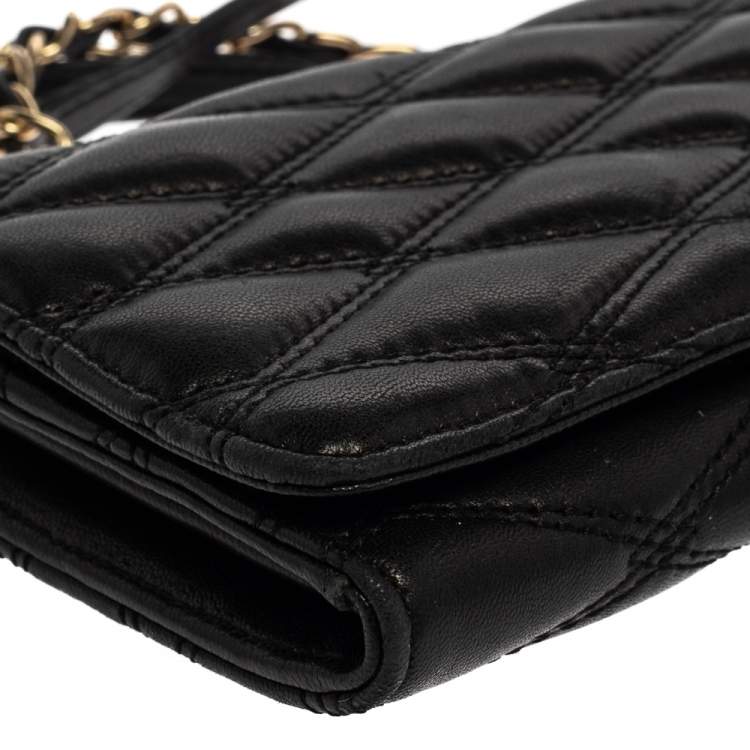 Pre Owned DKNY Black Quilted Leather Flap Wallet On Chain