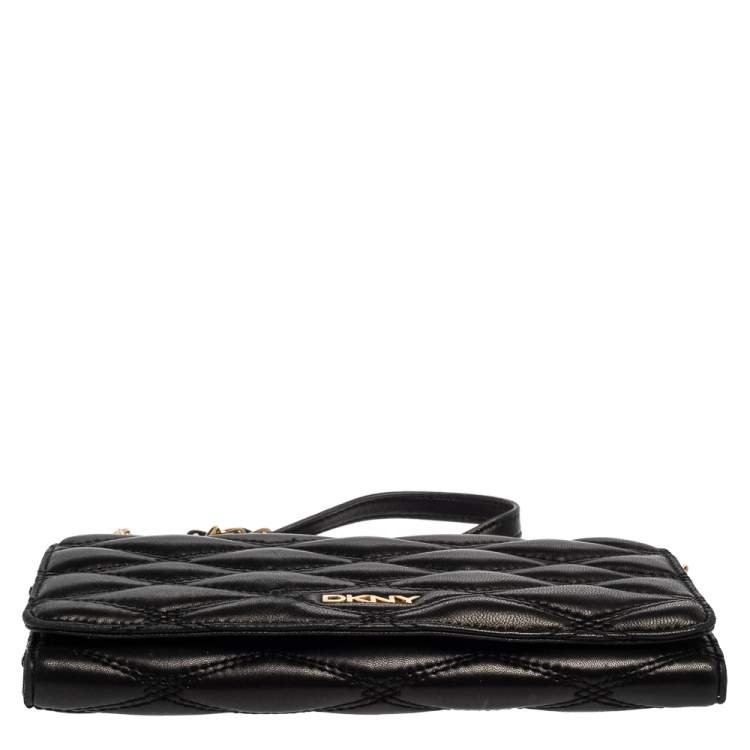 Pre Owned DKNY Black Quilted Leather Flap Wallet On Chain