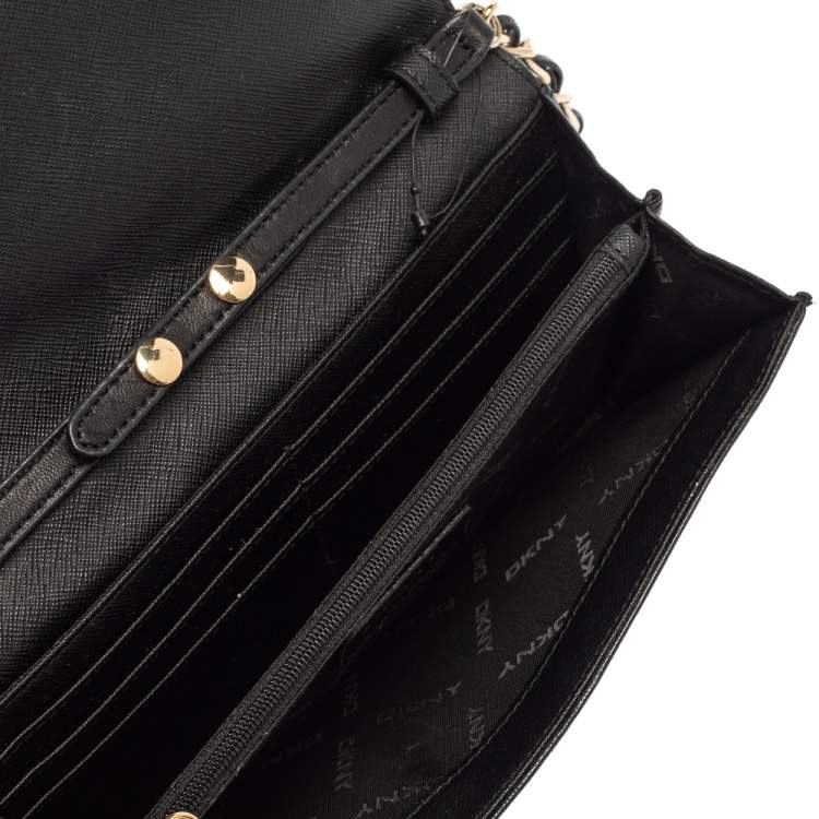 Pre Owned DKNY Black Quilted Leather Flap Wallet On Chain