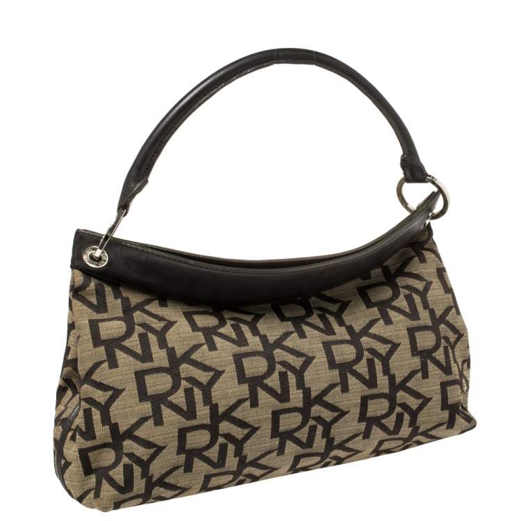 Pre Owned Dkny Dark Brown Signature Canvas and Leather Ring Handle Hobo