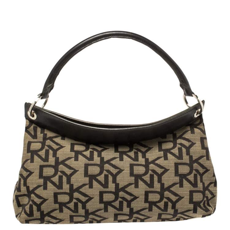 Pre Owned Dkny Dark Brown Signature Canvas and Leather Ring Handle Hobo