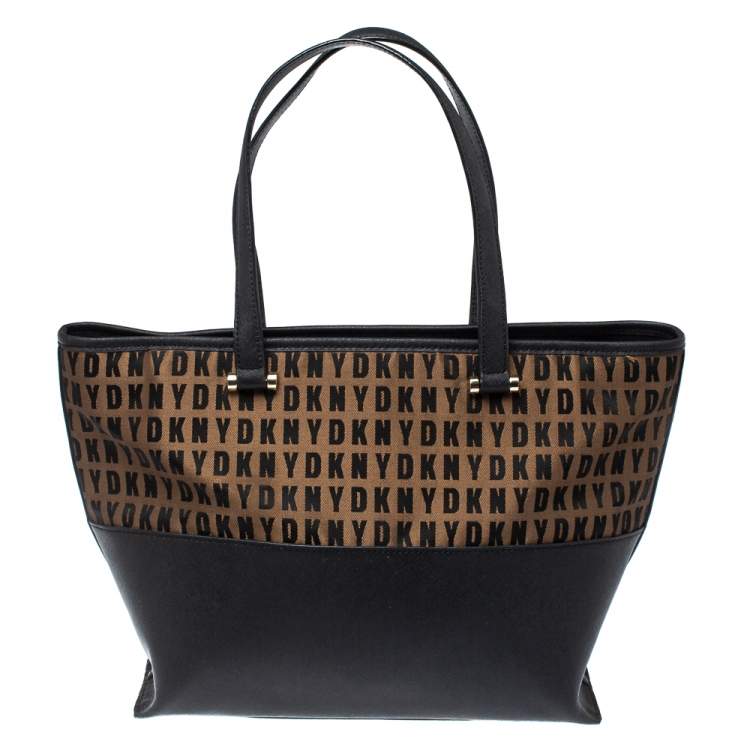Pre Owned DKNY Black/Brown Leather And Signature Canvas Donna Karan Tote