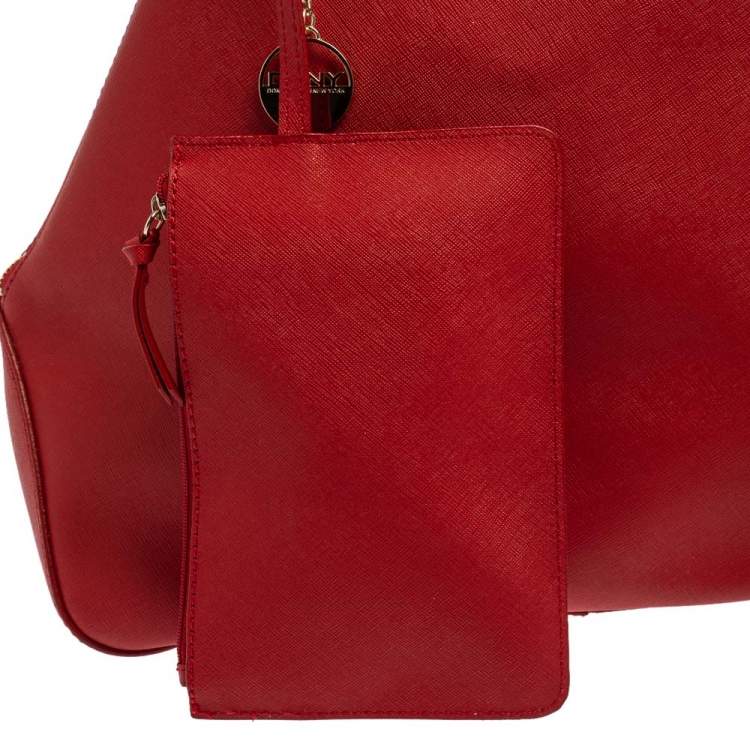 Pre Owned DKNY Red Leather Zip Side Shopper Tote