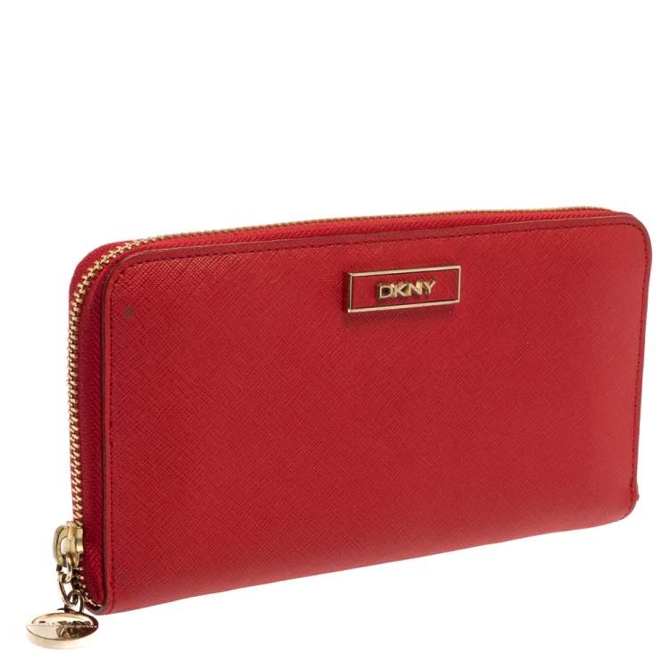 Pre Owned DKNY Red Leather Zip Around Wallet