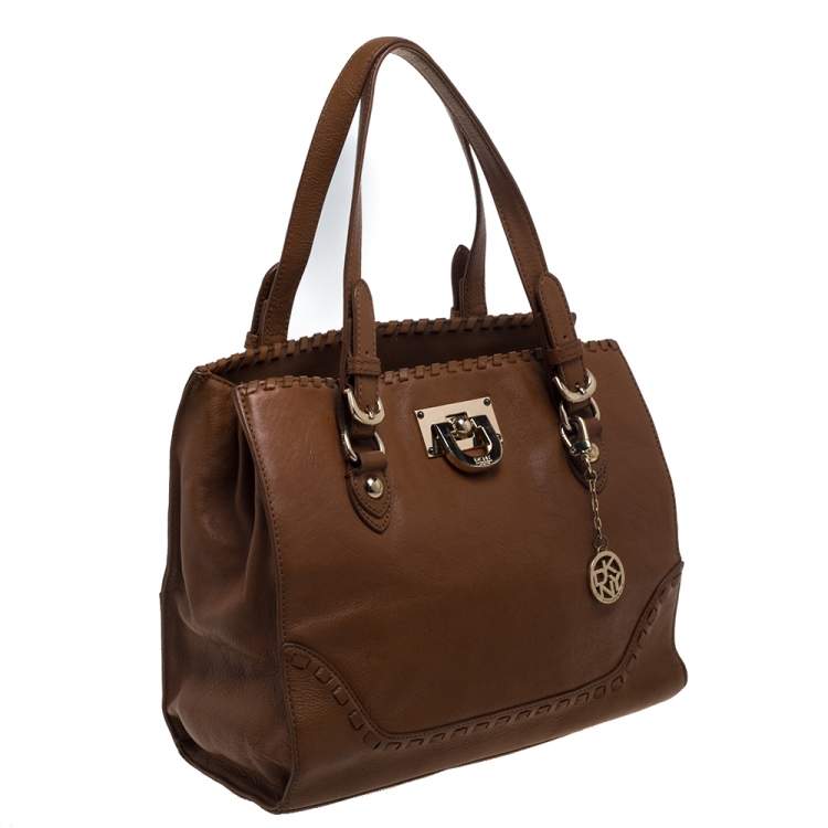 مملوكة مسبقًا Dkny Tan Leather Beekman French Whipstitch Trim Tote