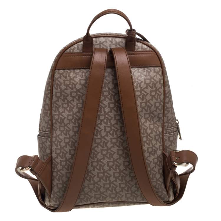 Pre Owned DKNY Beige/Brown Signature Coated Canvas and Leather Casey Backpack