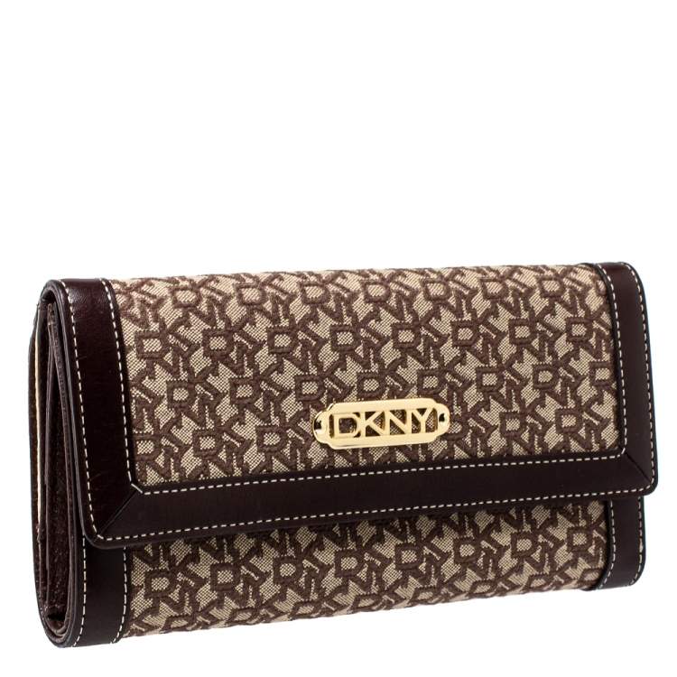 Pre Owned Dkny Beige/Brown Signature Canvas and Leather Wallet