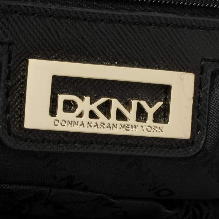 Pre Owned Dkny Black/Brown Signature Canvas and Leather Padlock Tote