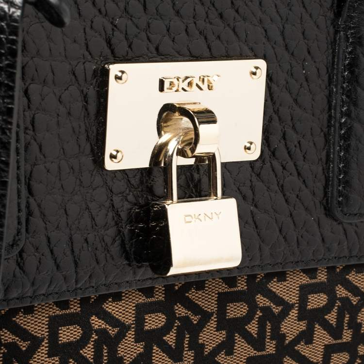 Pre Owned Dkny Black/Brown Signature Canvas and Leather Padlock Tote