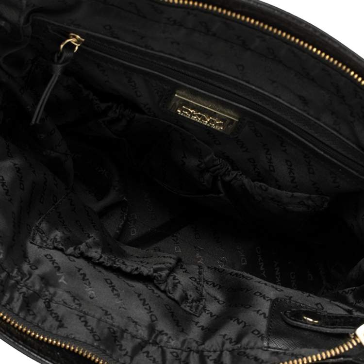 Pre Owned Dkny Black/Brown Signature Canvas and Leather Padlock Tote
