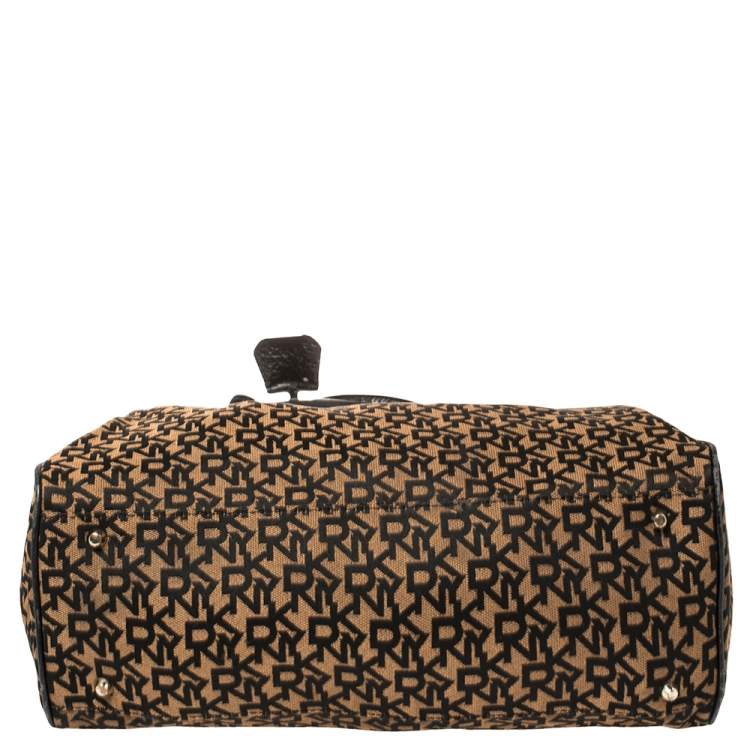 Pre Owned Dkny Black/Brown Signature Canvas and Leather Padlock Tote