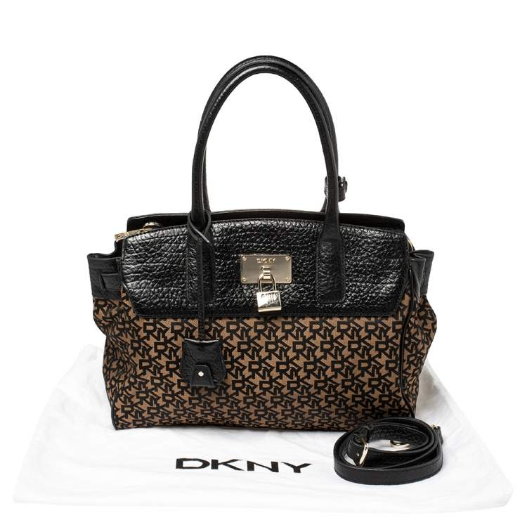 Pre Owned Dkny Black/Brown Signature Canvas and Leather Padlock Tote
