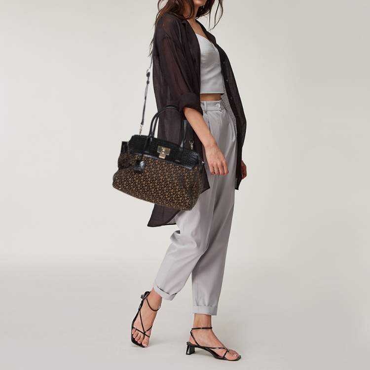 Pre Owned Dkny Black/Brown Signature Canvas and Leather Padlock Tote
