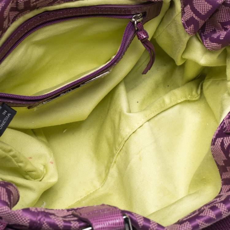 Pre Owned Dkny Purple Signature Canvas and Lizard Embossed Leather Satchel