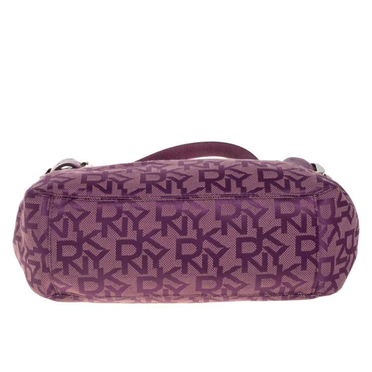 Pre Owned Dkny Purple Signature Canvas and Lizard Embossed Leather Satchel