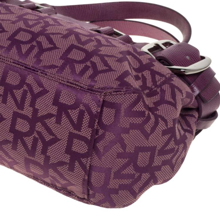 Pre Owned Dkny Purple Signature Canvas and Lizard Embossed Leather Satchel
