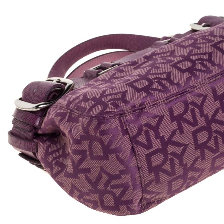 Pre Owned Dkny Purple Signature Canvas and Lizard Embossed Leather Satchel