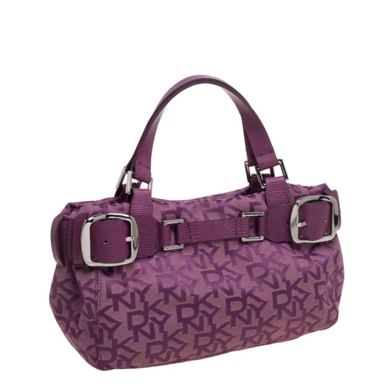 Pre Owned Dkny Purple Signature Canvas and Lizard Embossed Leather Satchel